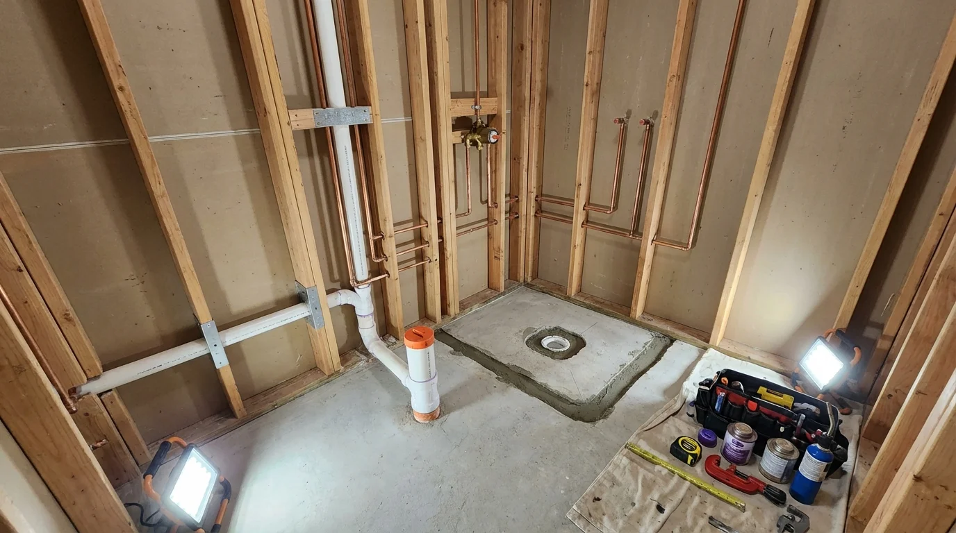 Bathroom rough-in plumbing during remodel by Johns Plumbing LLC in Staten Island