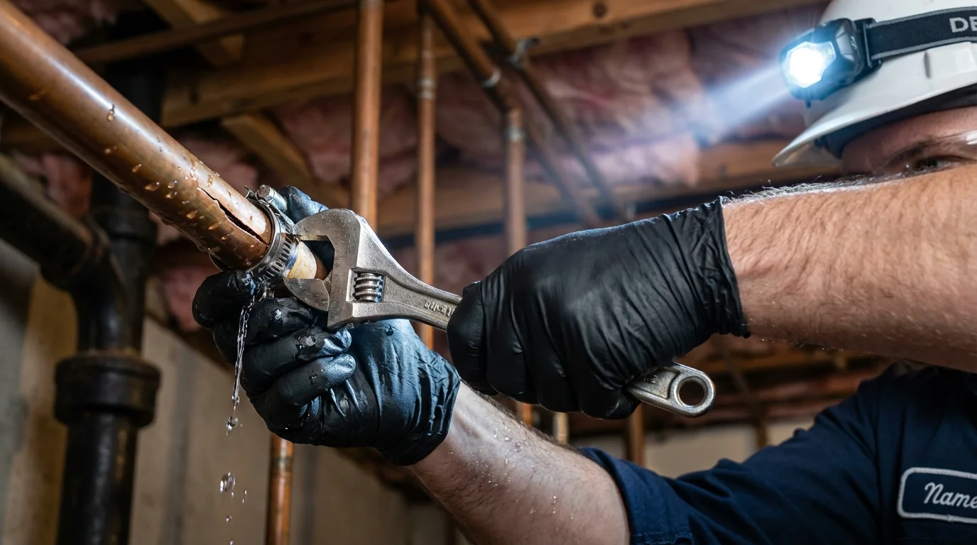 Emergency pipe clamp repair being performed by a Johns Plumbing LLC plumber in Staten Island